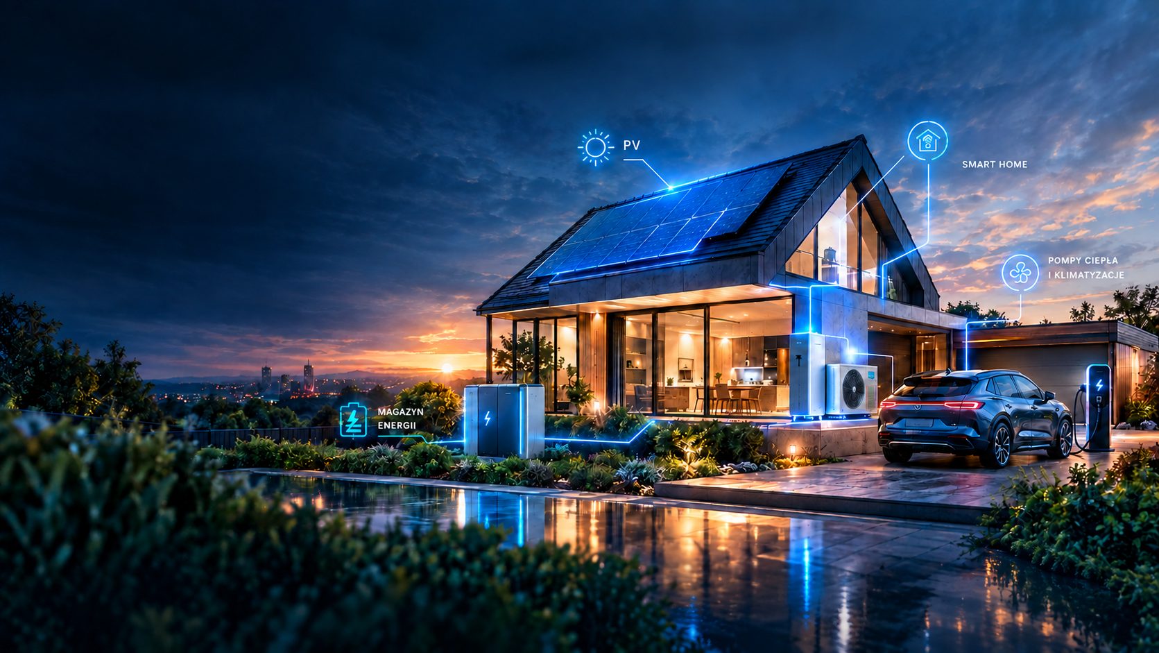 Nowoczesny dom z fotowoltaiką, magazynem energii, pompą ciepła i ładowarką samochodu elektrycznego połączonymi w jeden system Smart Home